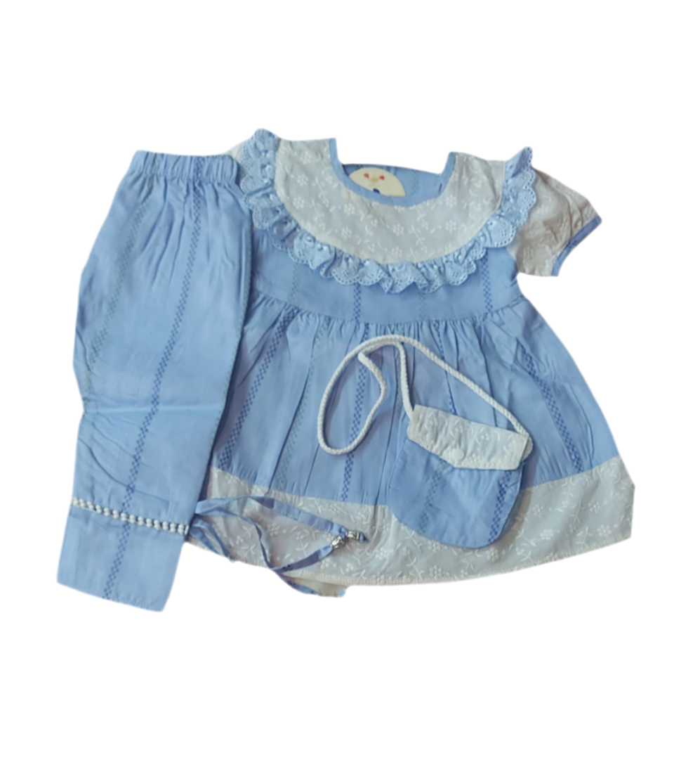 Girls Cotton Frock Suit 2pc - Skyblue