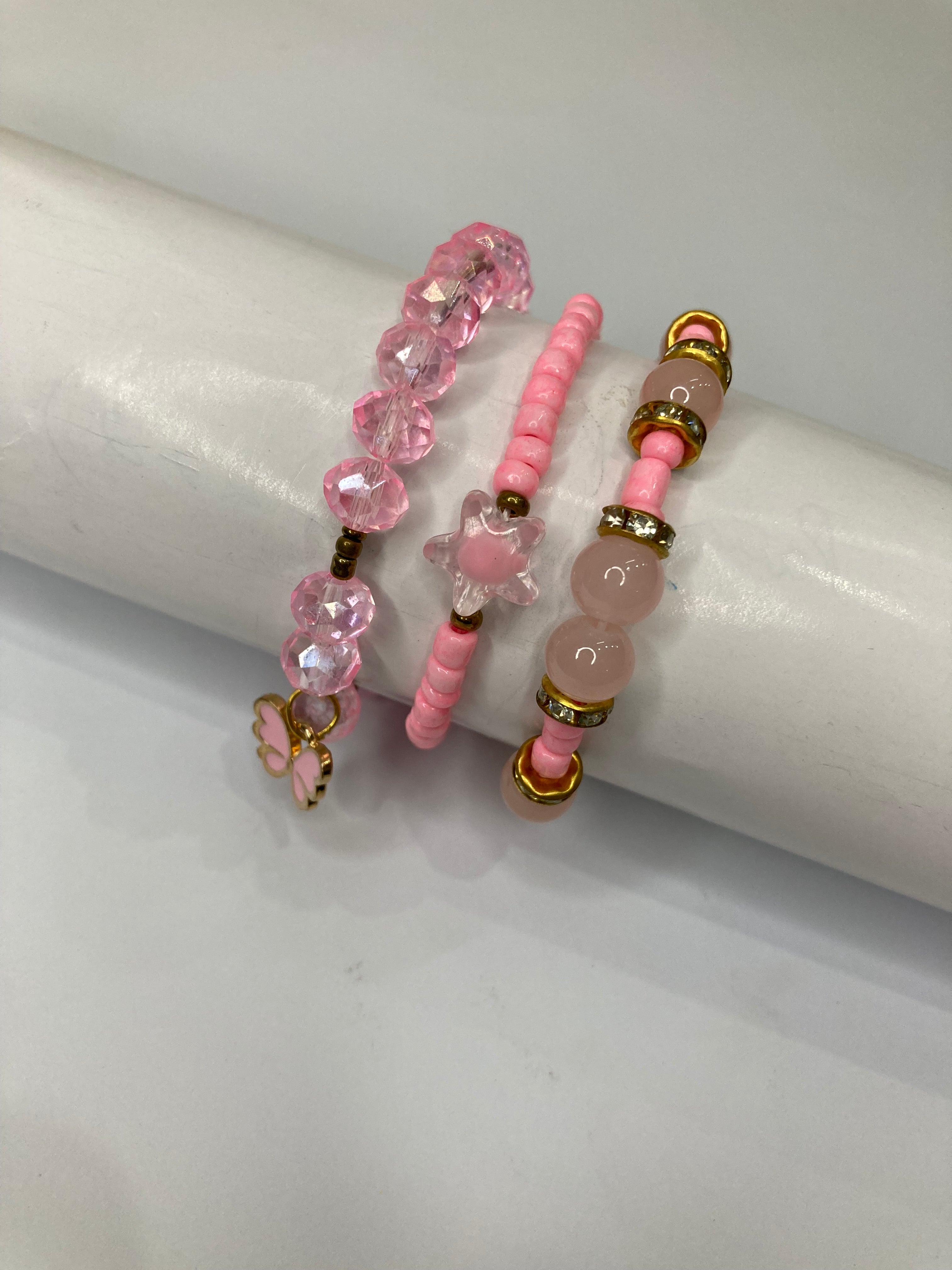 Fancy Beaded Bracelets - Set of 3 - Pink