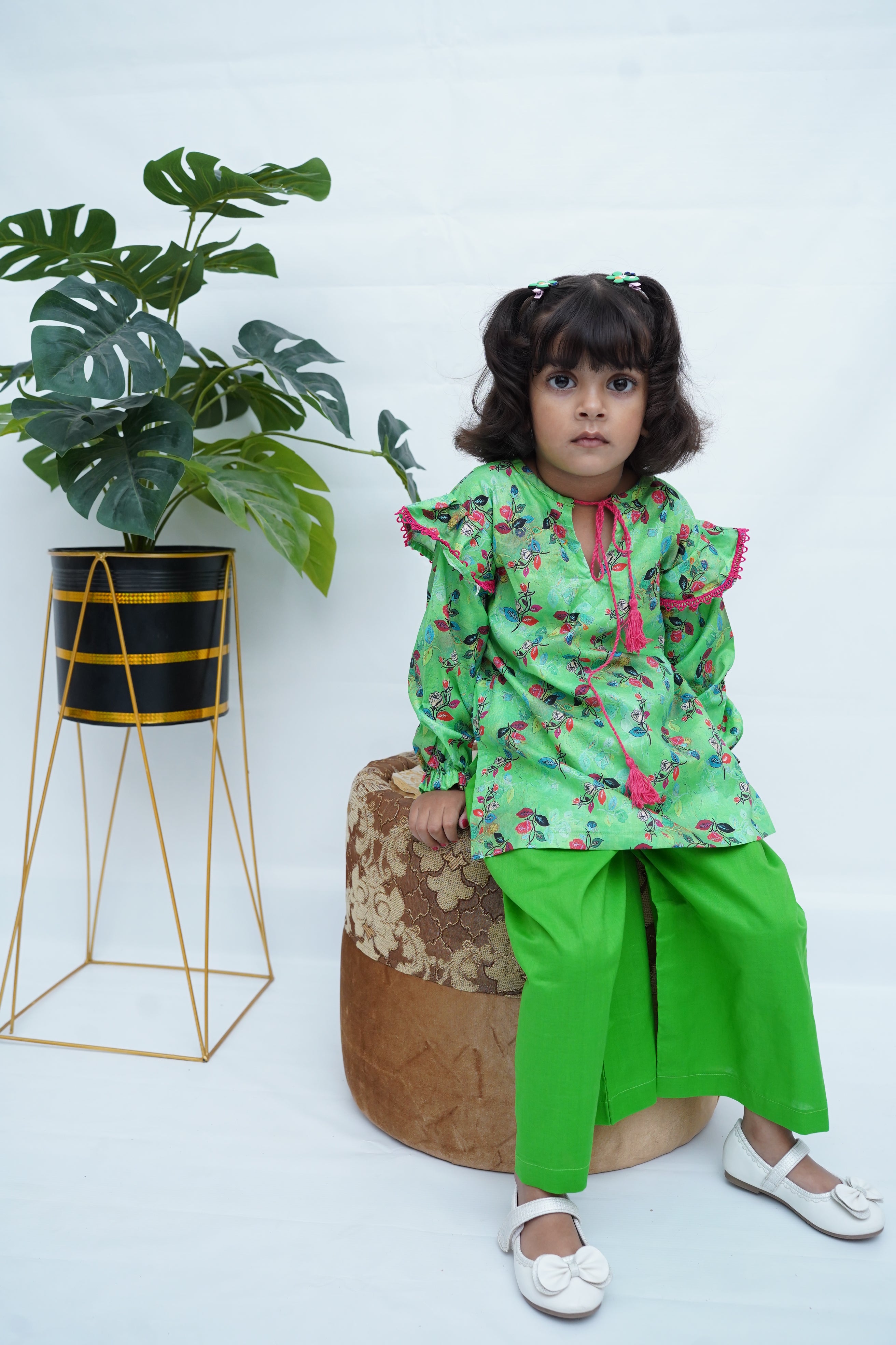 Girls Printed Flower Co-ord Set - Green