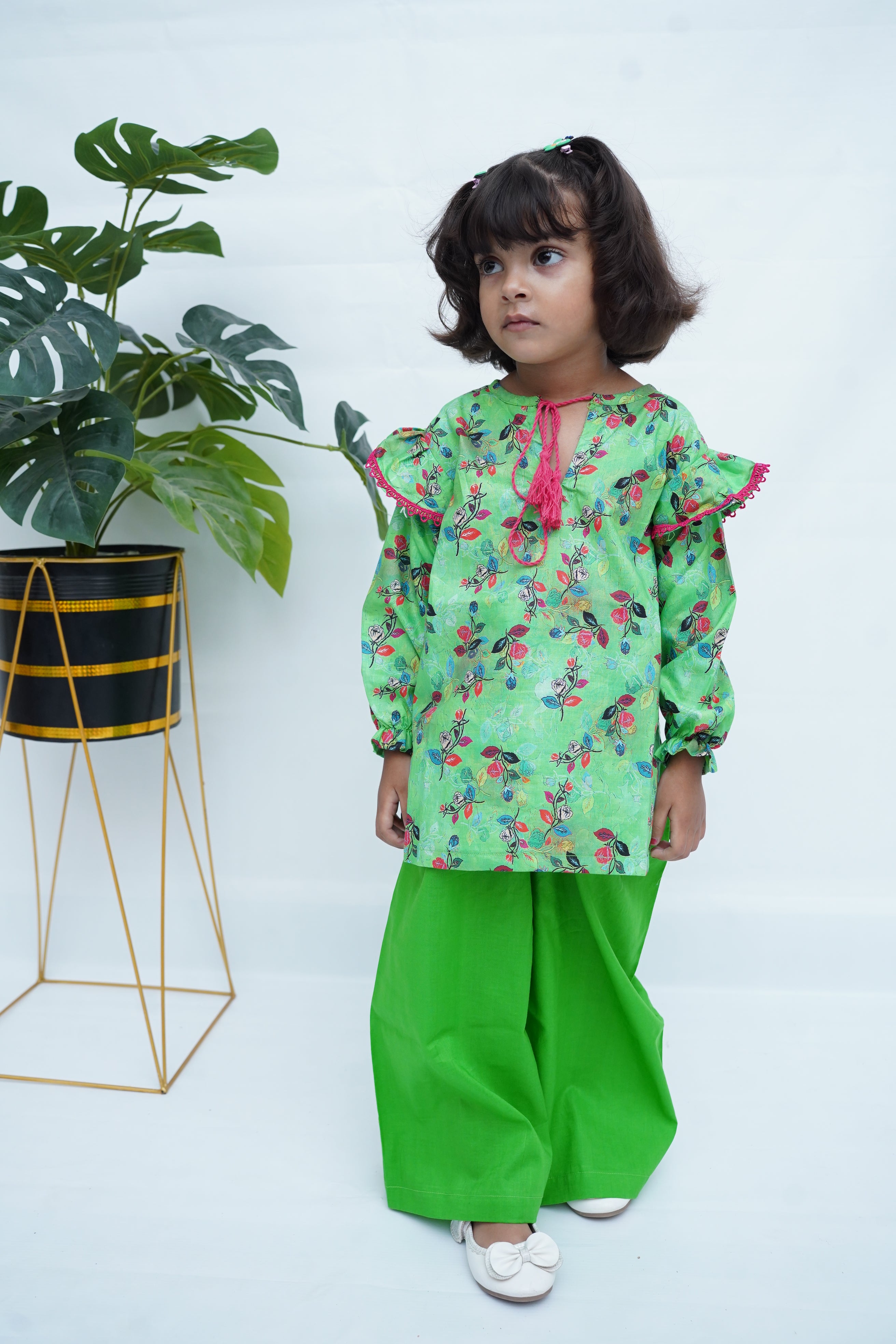 Girls Printed Flower Co-ord Set - Green