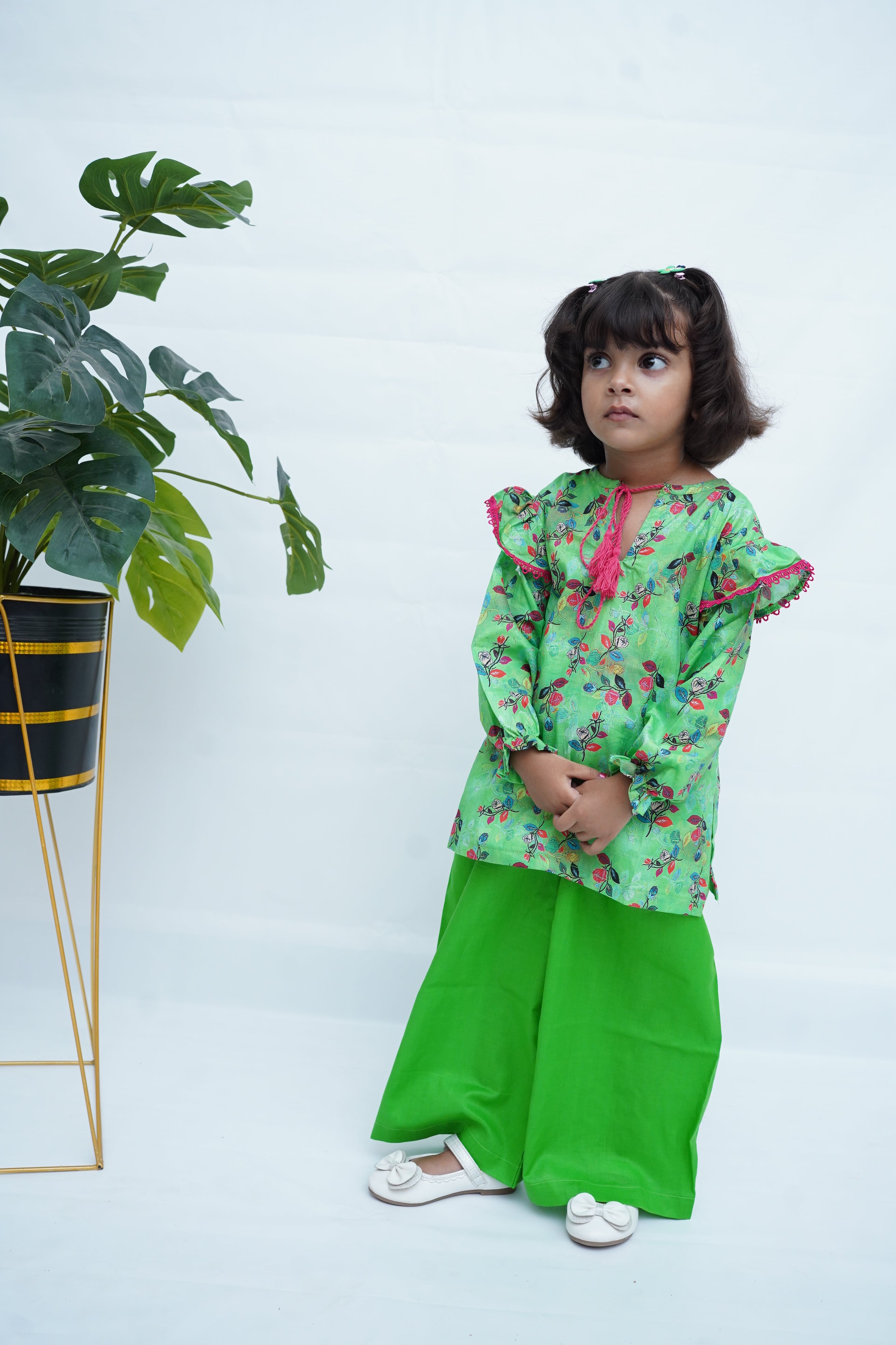 Girls Printed Flower Co-ord Set - Green