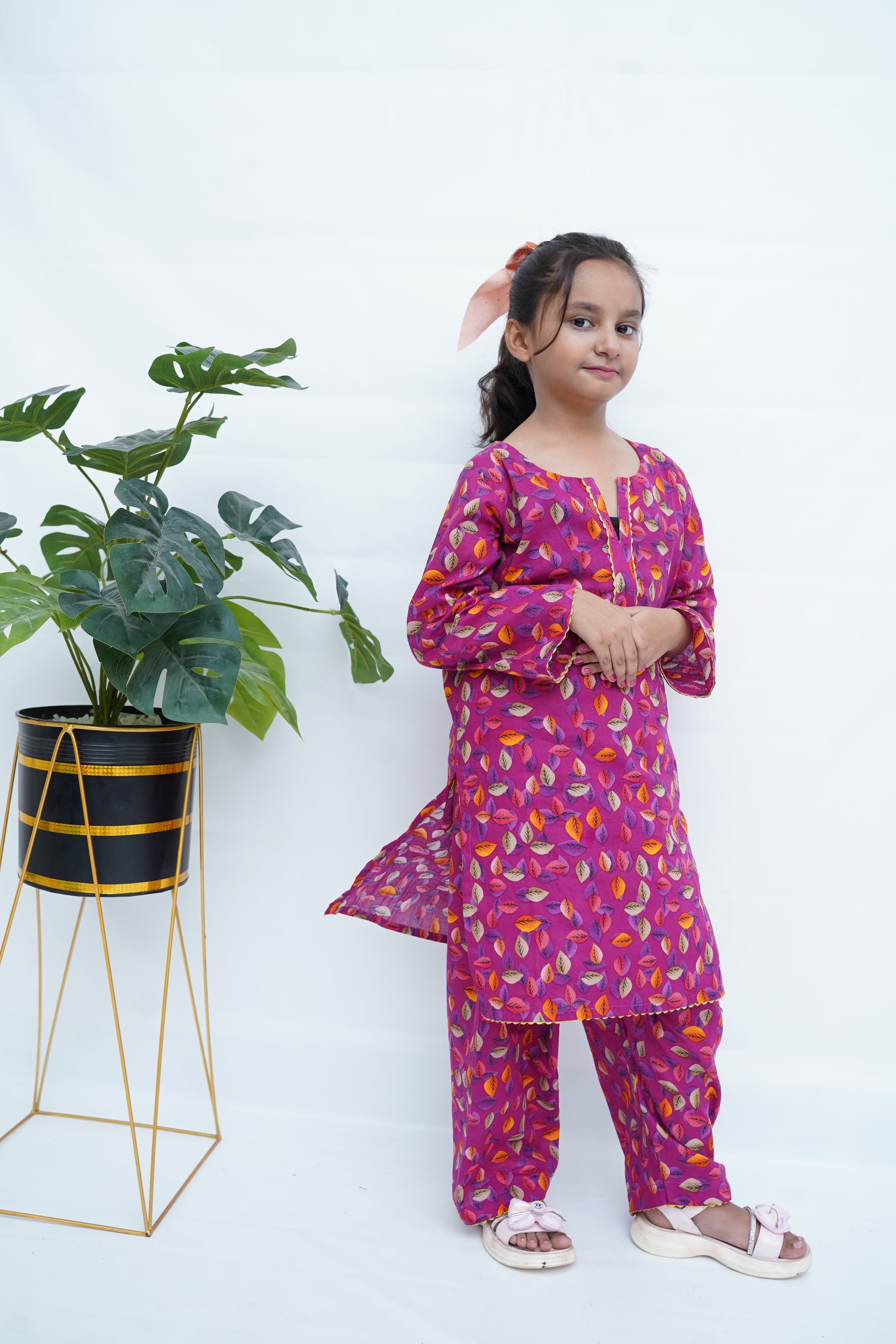 Girls Digital Print Lawn Suit 2pc - Margenta Leaf Print