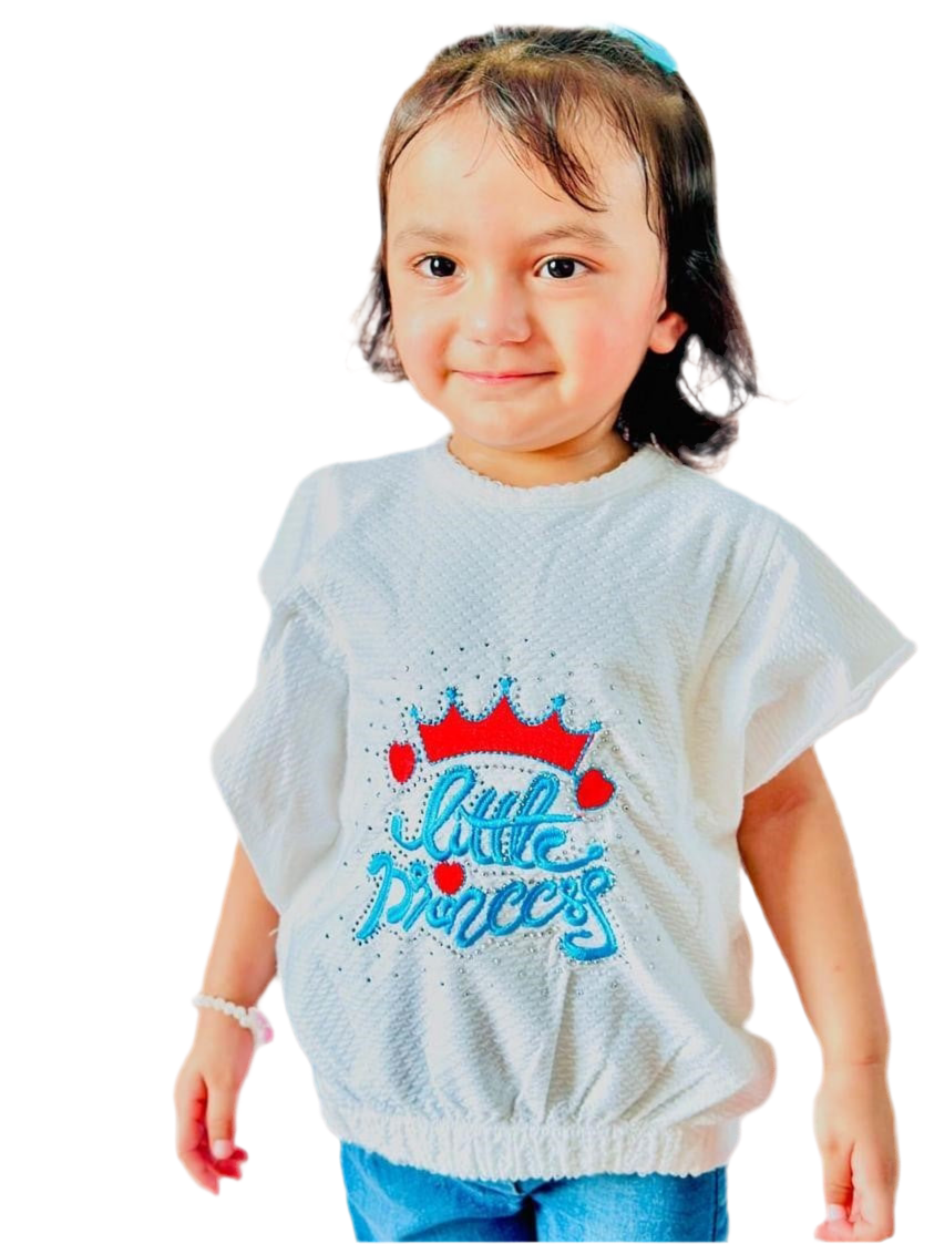 Girls Princess Top With Denim Pant - White