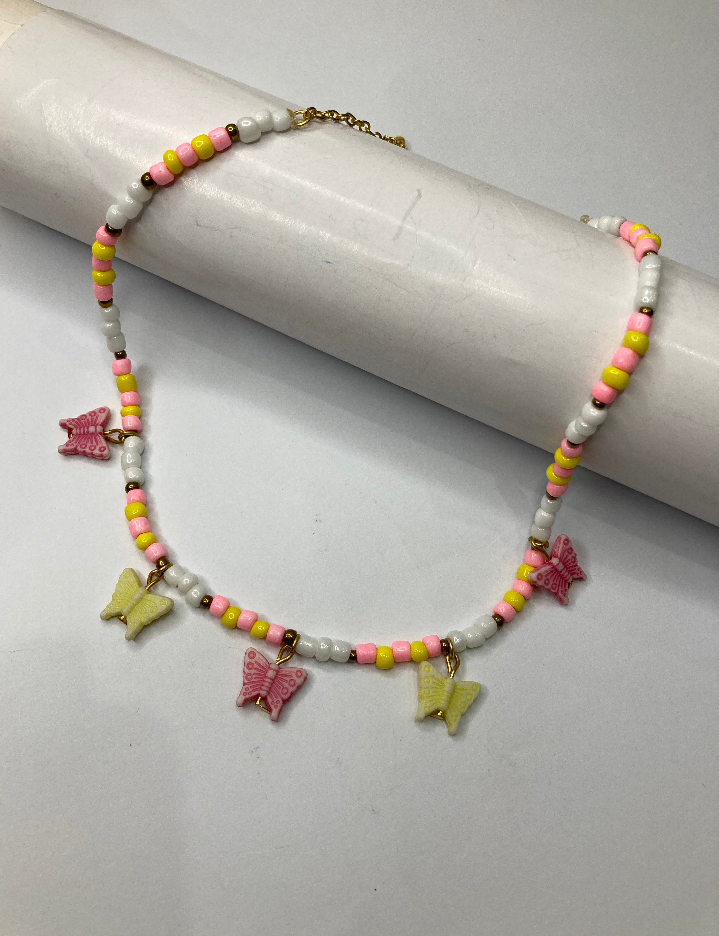 Girls Butterfly Beaded Choker - Yellow and Pink