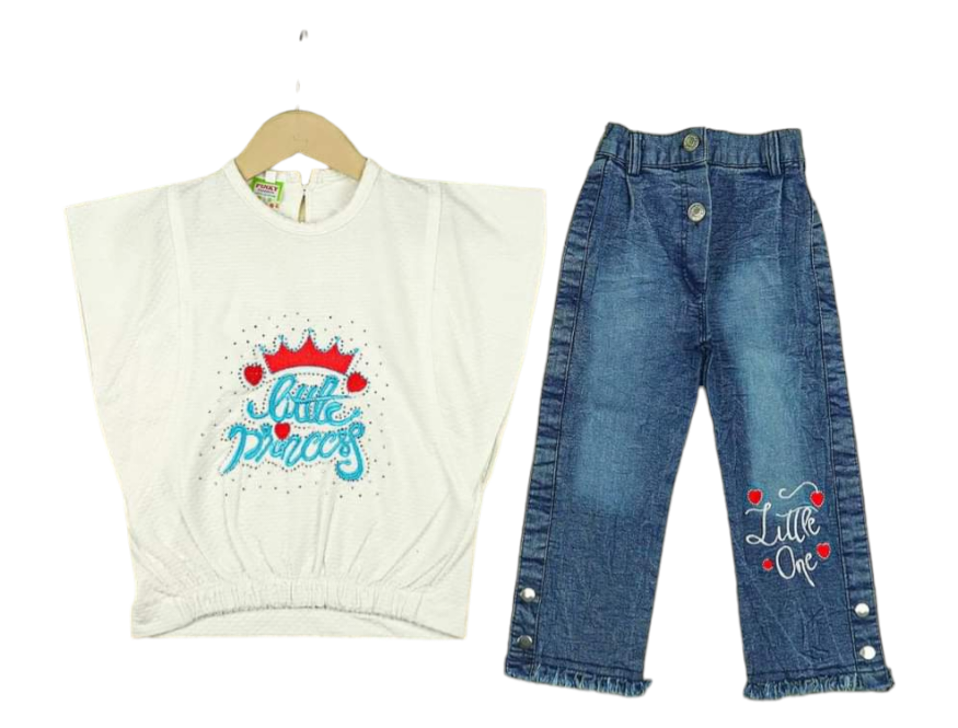 Girls Princess Top With Denim Pant - White