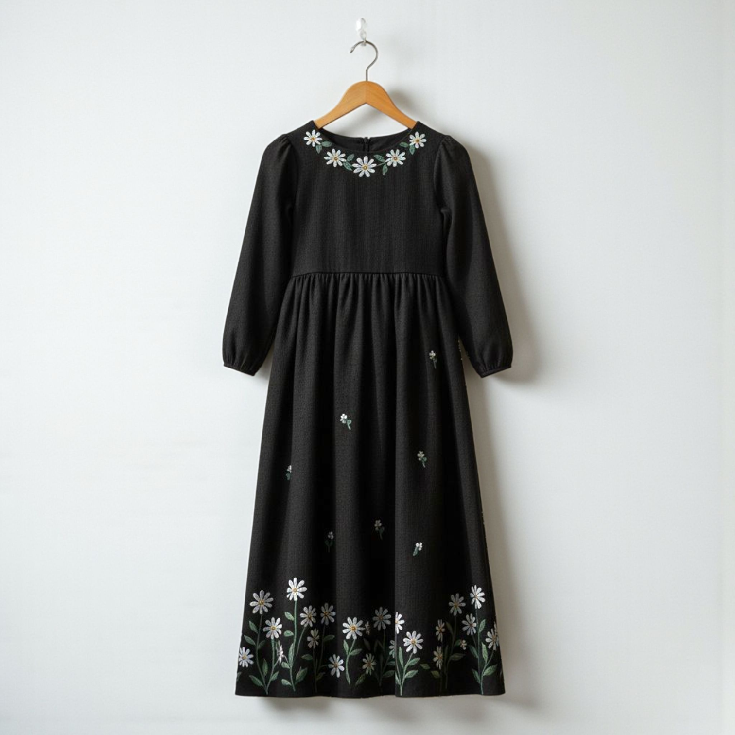 Girls Khaddar Hand Painted Floral Long Frock - Black
