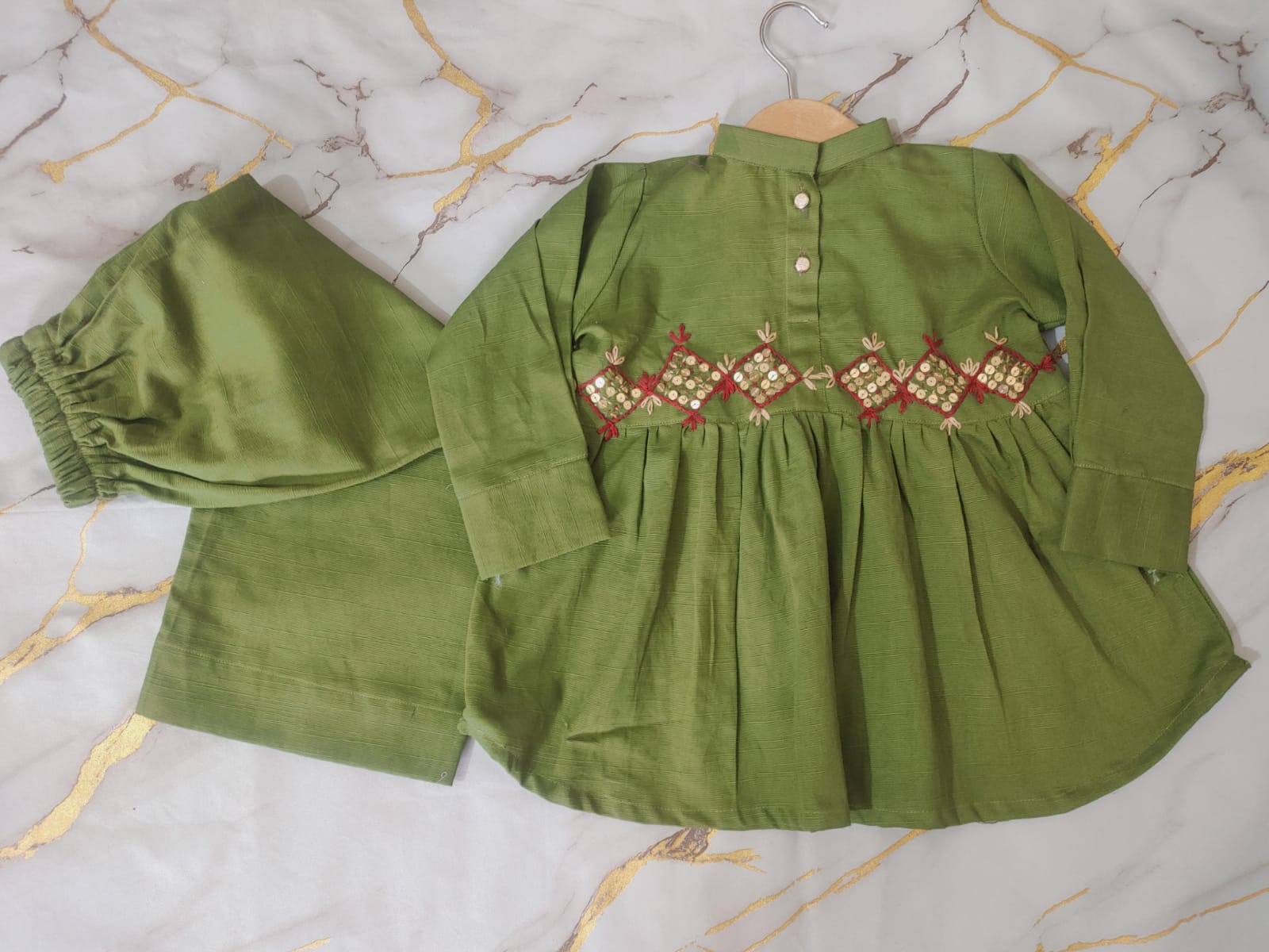 Girls Khaddar Hand Embroided Frock Set 2pc - Olive Green
