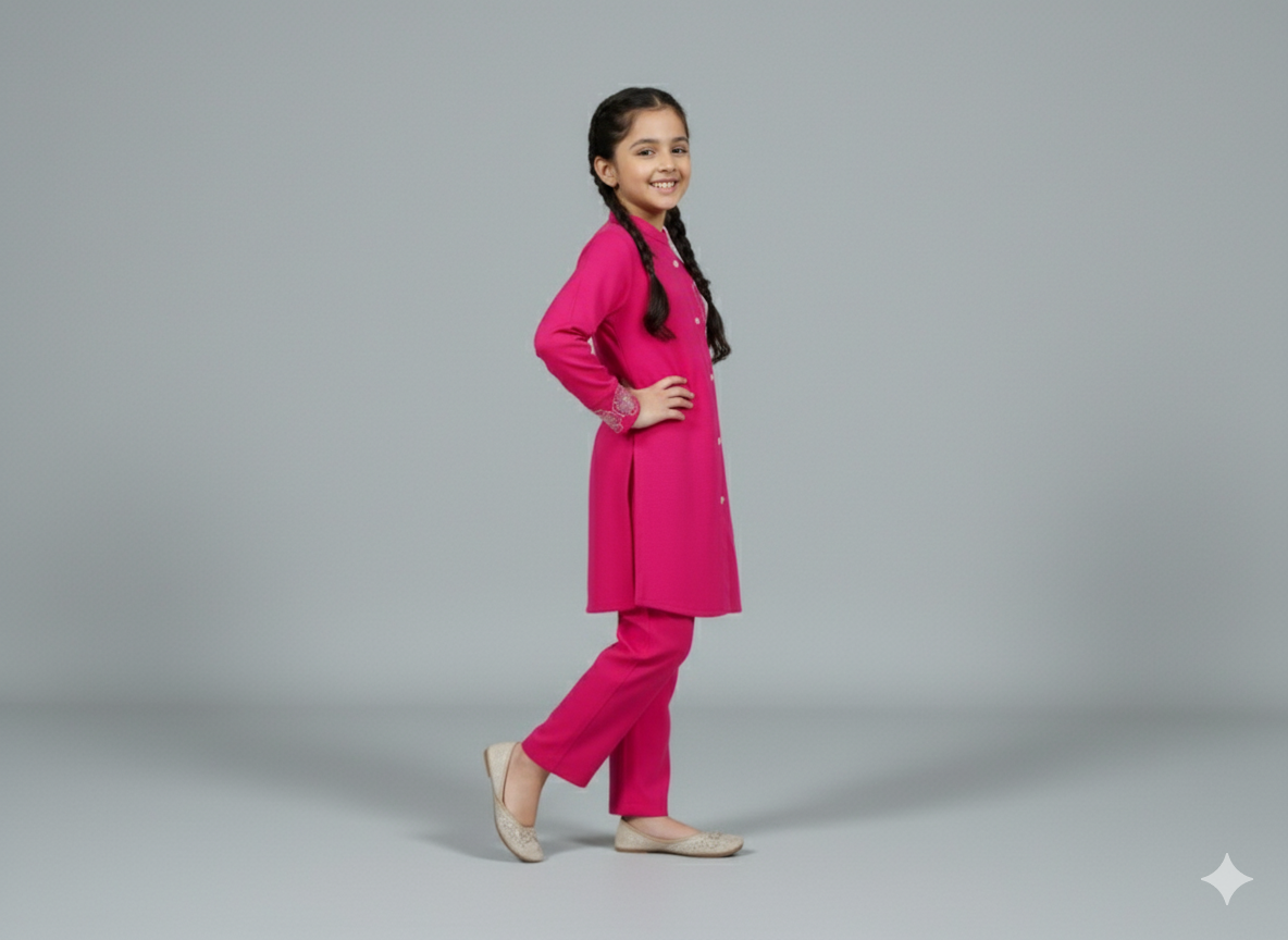 Girls Khaddar Hand Embroided Co-ord Set 2pc - Margenta