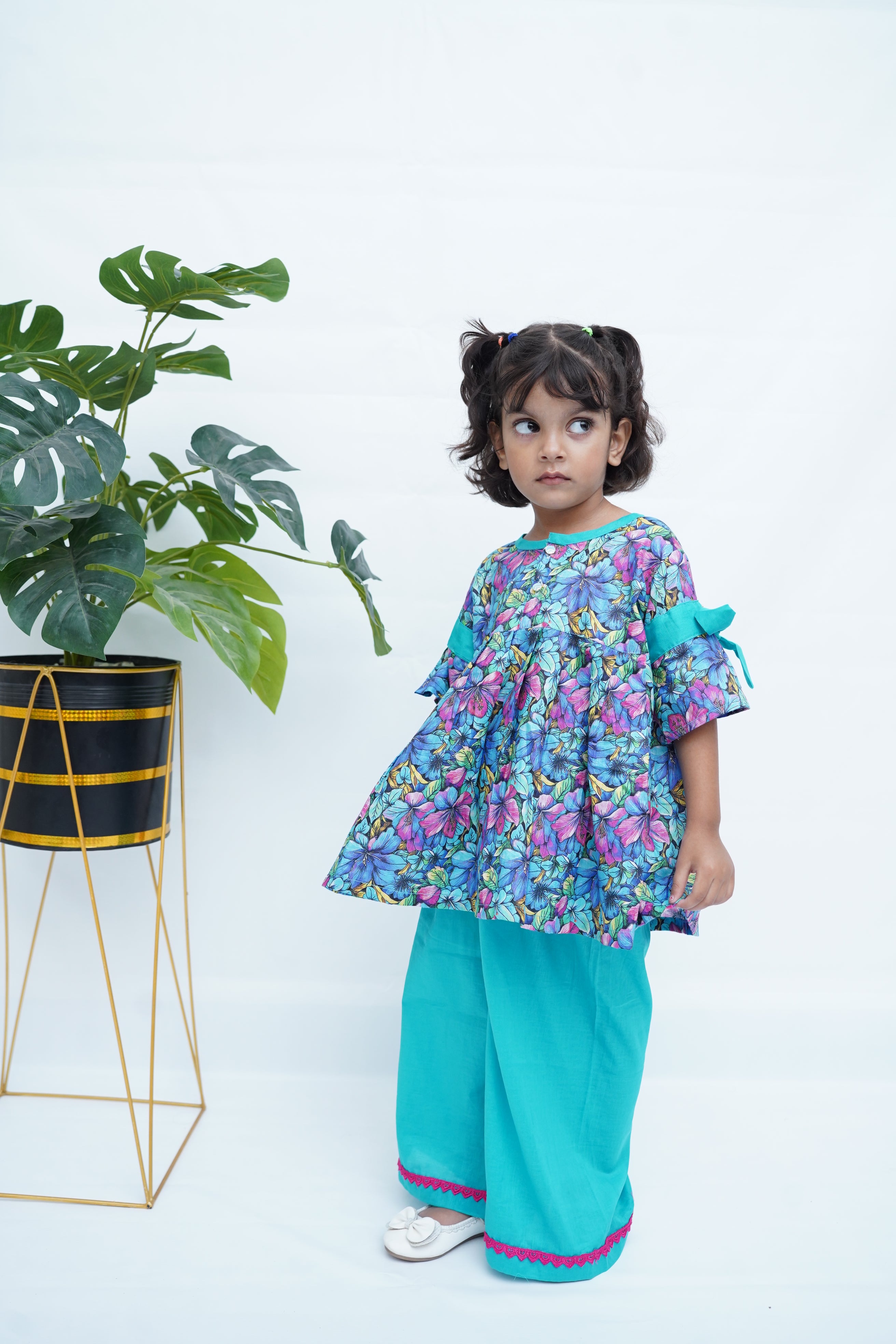 Girls Printed Flower Frock Set - SkyBlue