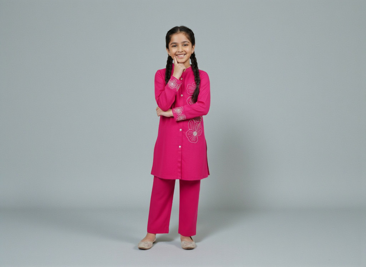 Girls Khaddar Hand Embroided Co-ord Set 2pc - Margenta