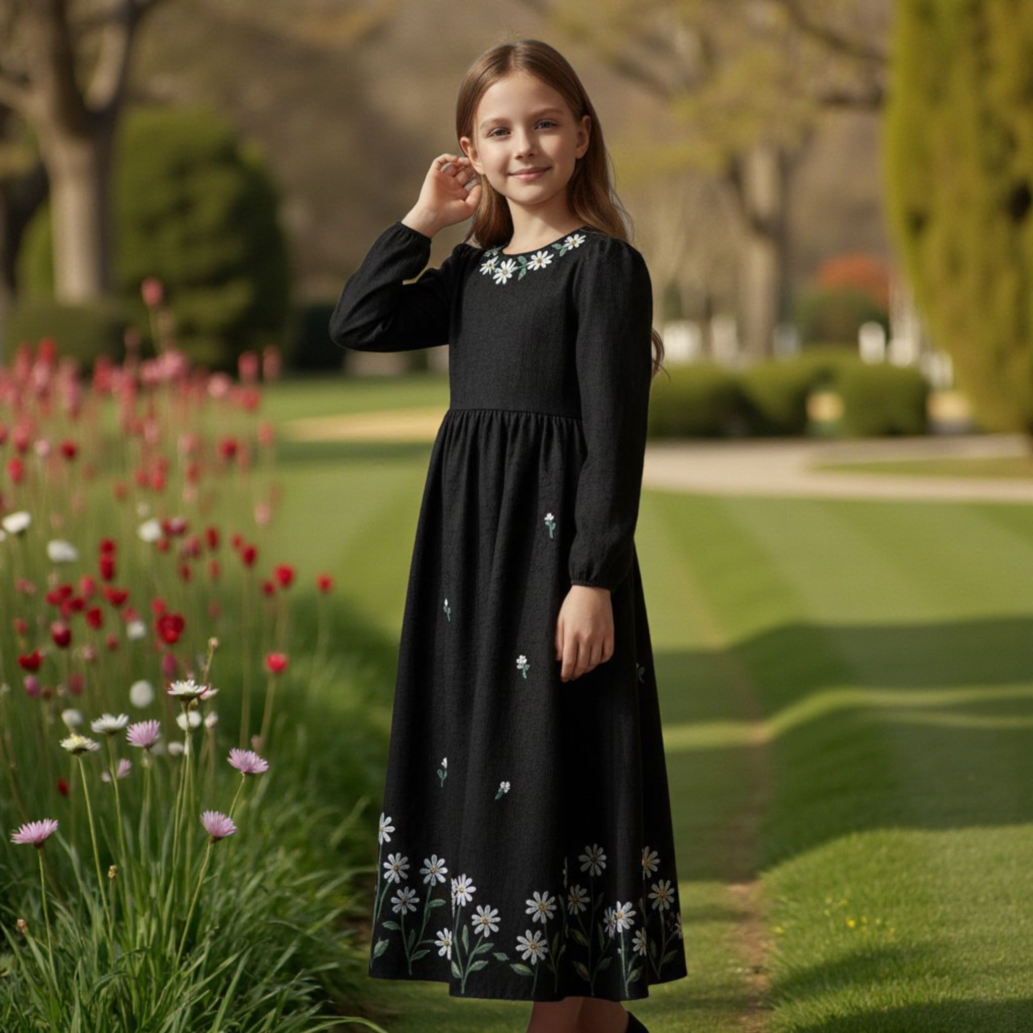 Girls Khaddar Hand Painted Floral Long Frock - Black