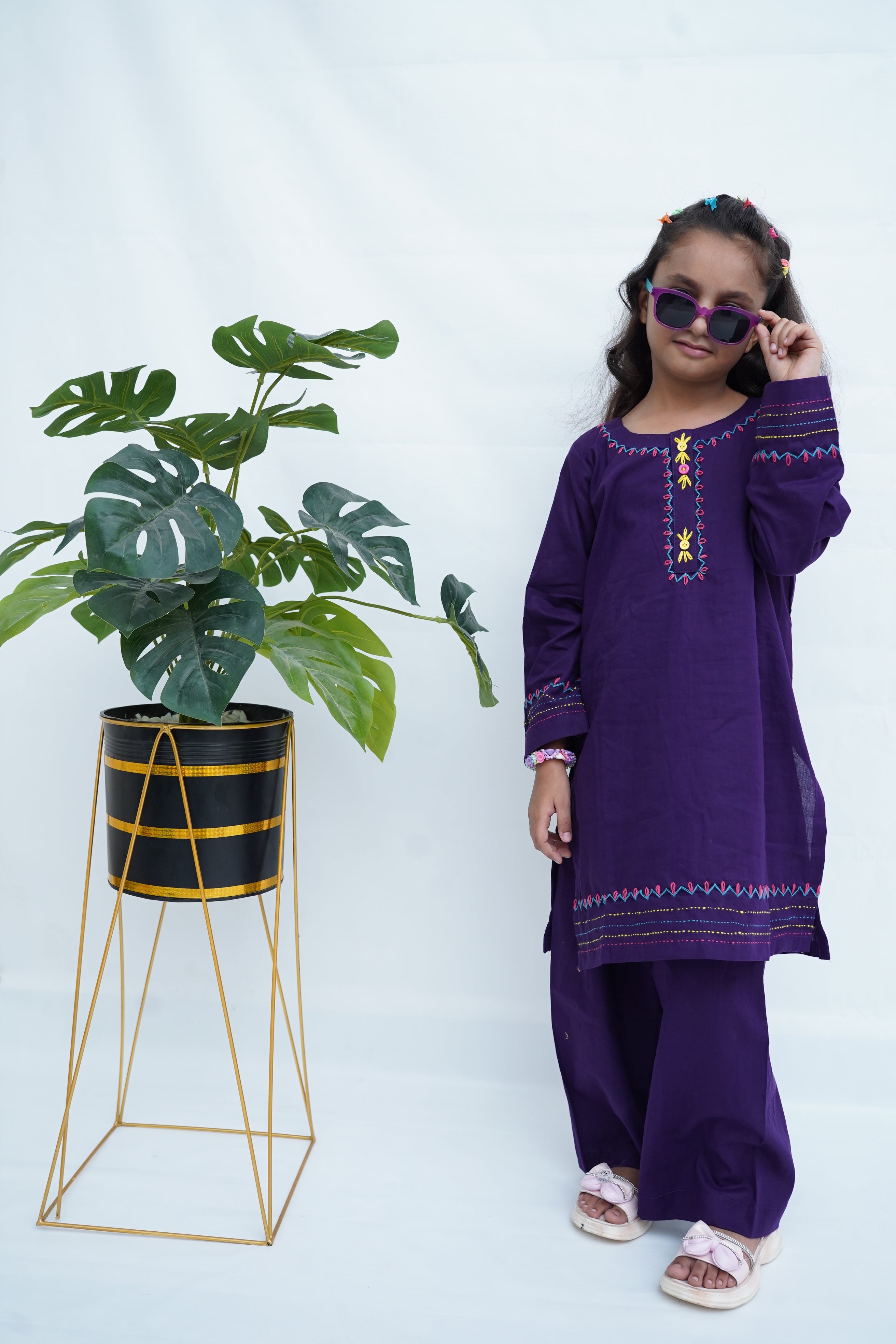 Girls Hand Embrioded Co-ord  Set - Voilet