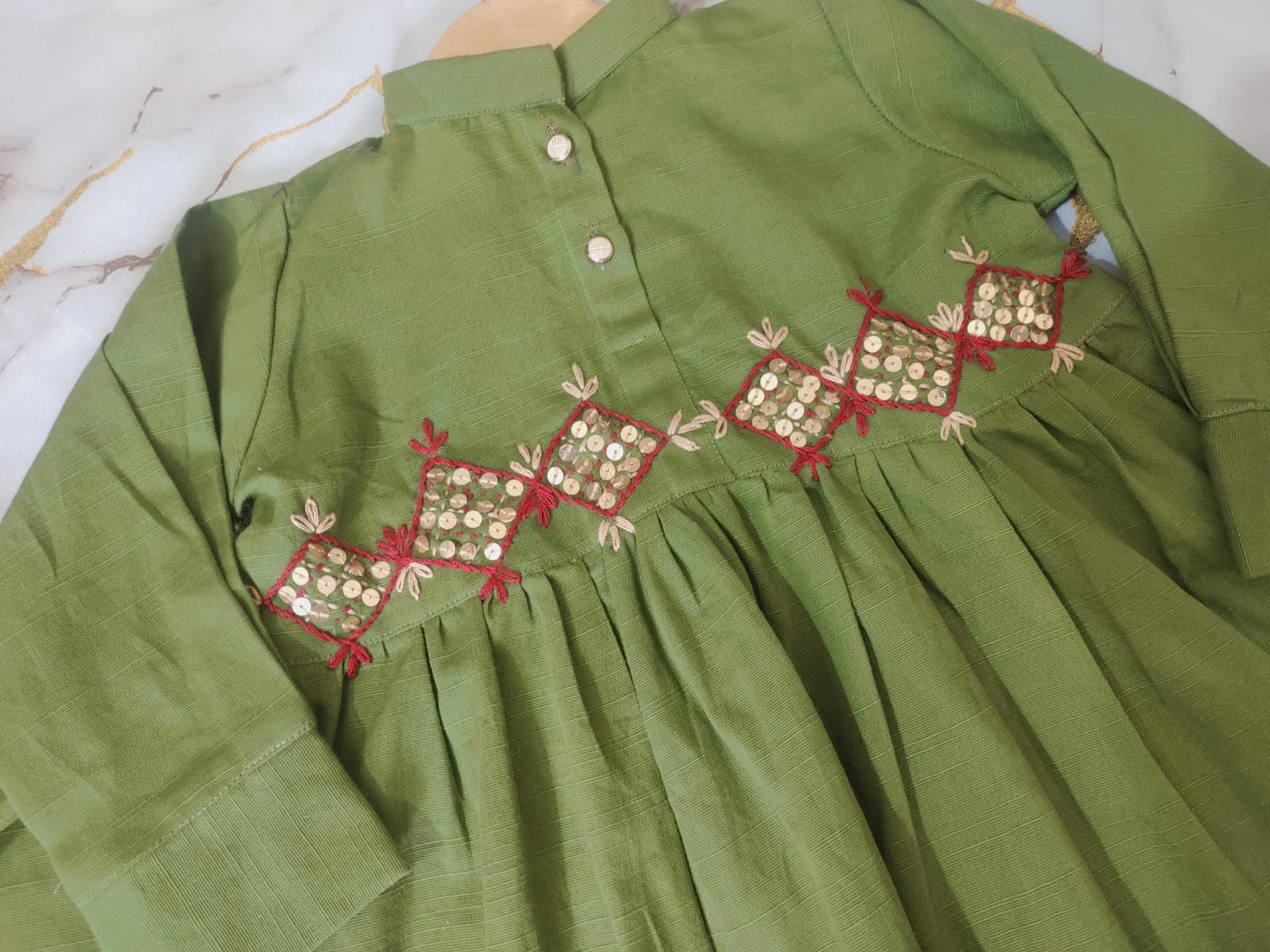 Girls Khaddar Hand Embroided Frock Set 2pc - Olive Green