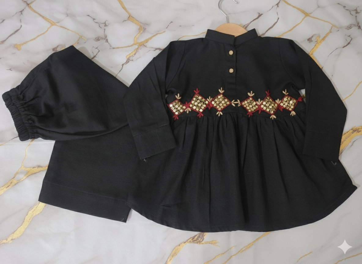 Girls Khaddar Hand Embroided Frock Set 2pc - Black