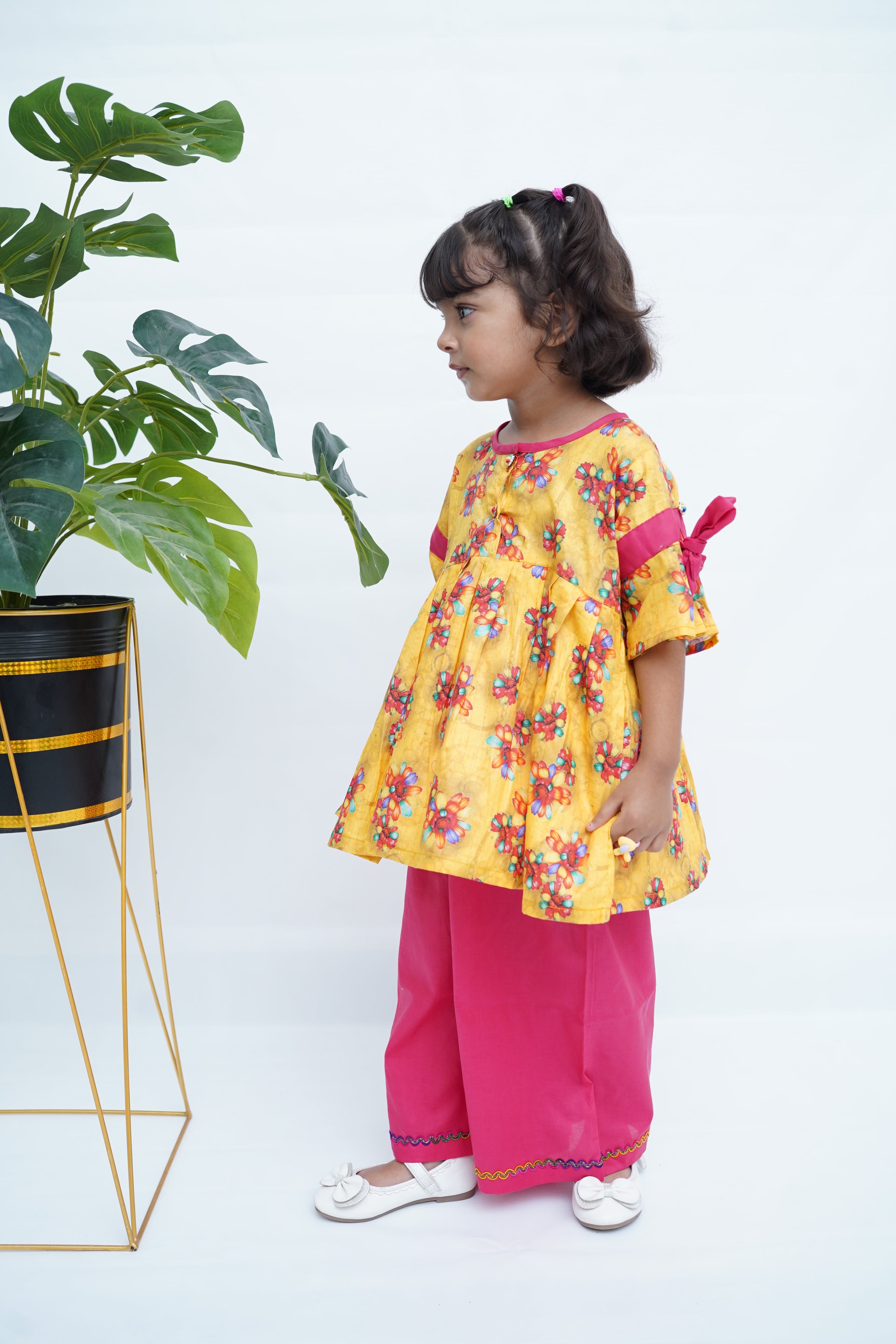Girls Printed Flower Frock Set - Yellow