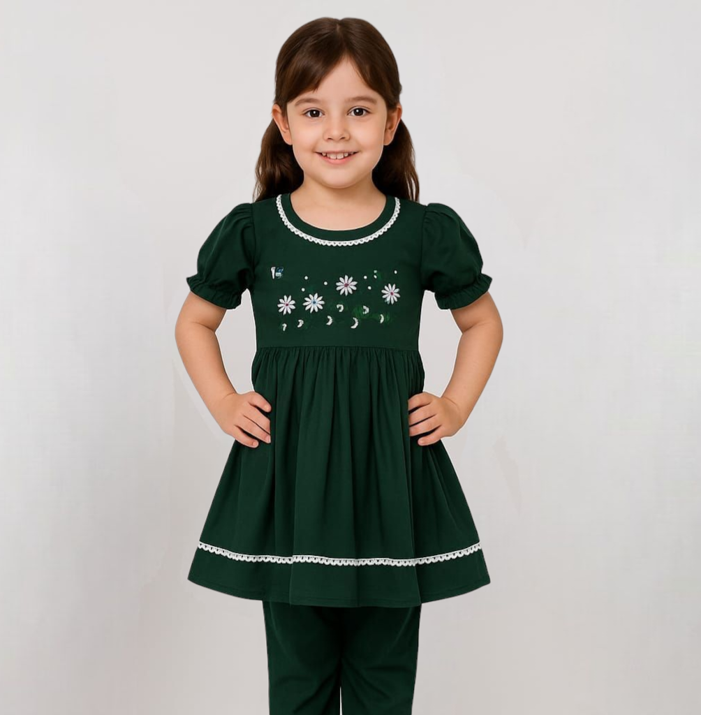 Girls Green Embroidered Frock Set 2pc