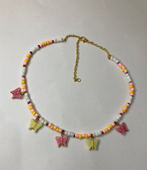Girls Butterfly Beaded Choker - Yellow and Pink