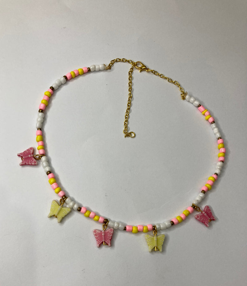 Girls Butterfly Beaded Choker - Yellow and Pink