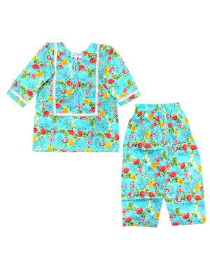 Girls Digital Print Lawn Suit 2pc - Skyblue Floral Print
