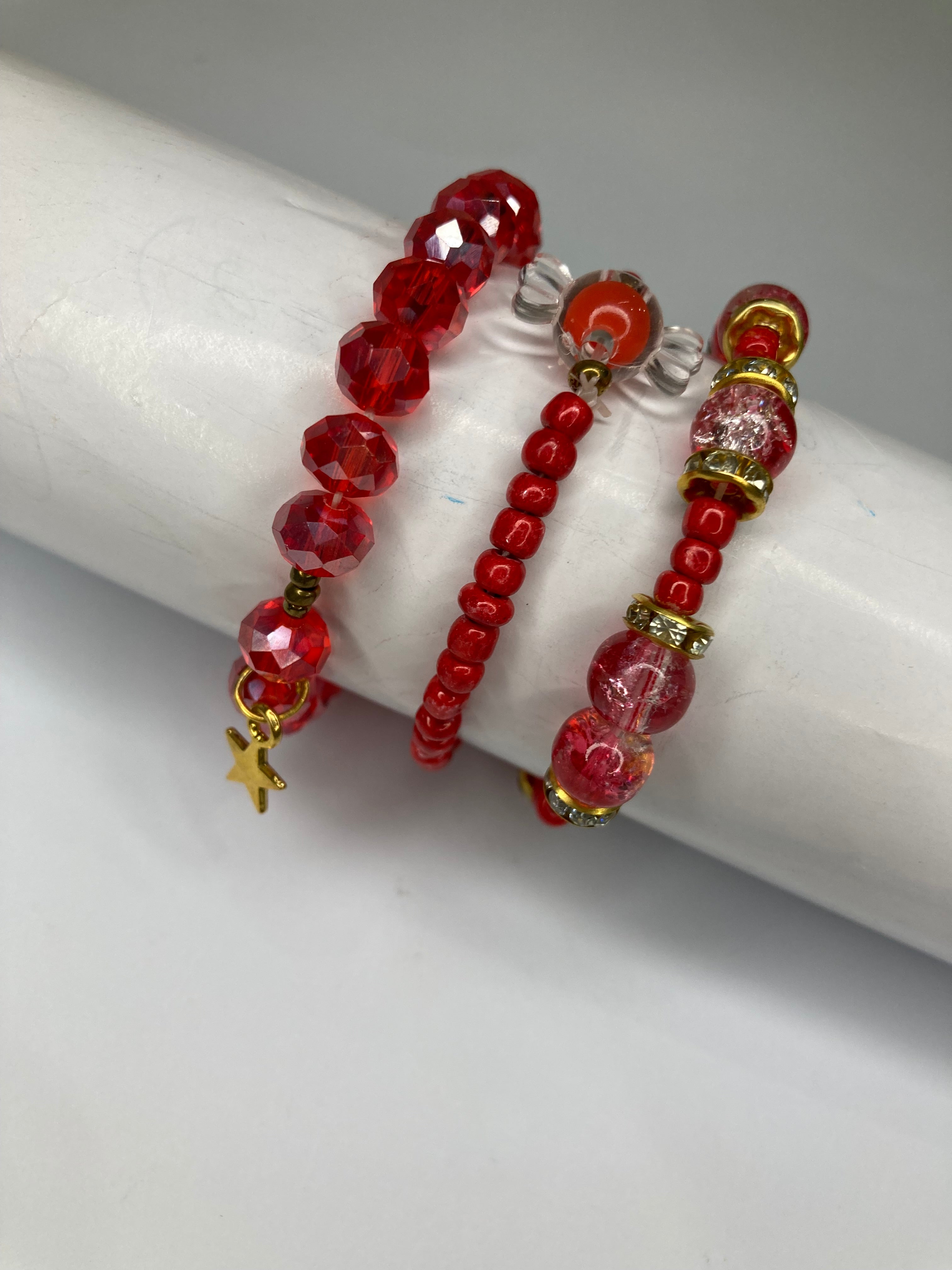 Fancy Beaded Bracelets - Set of 3 - Red