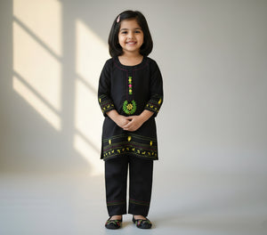 Girls Khaddar Hand Embrioded Co-ord  Set - Black
