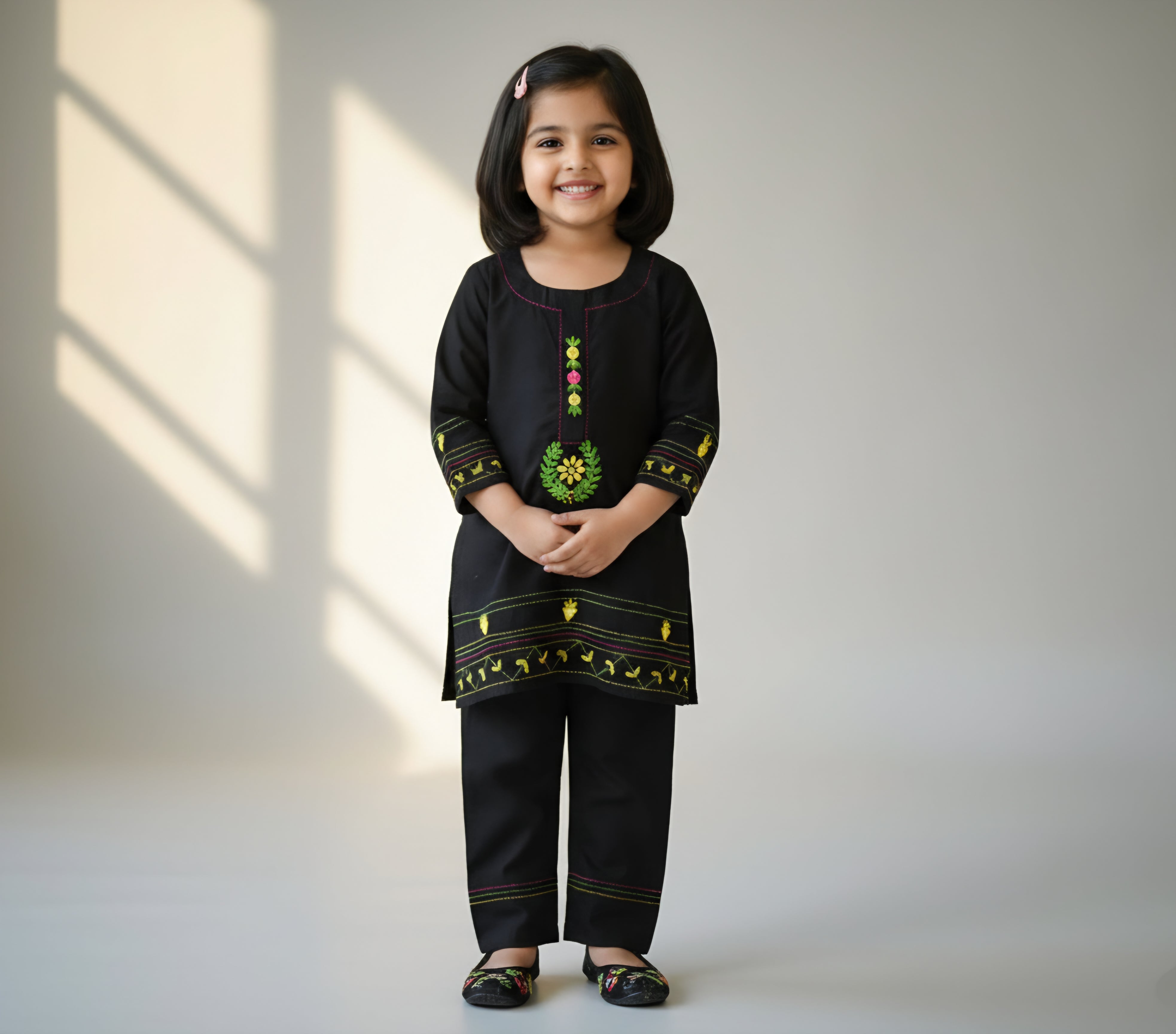Girls Khaddar Hand Embrioded Co-ord  Set - Black