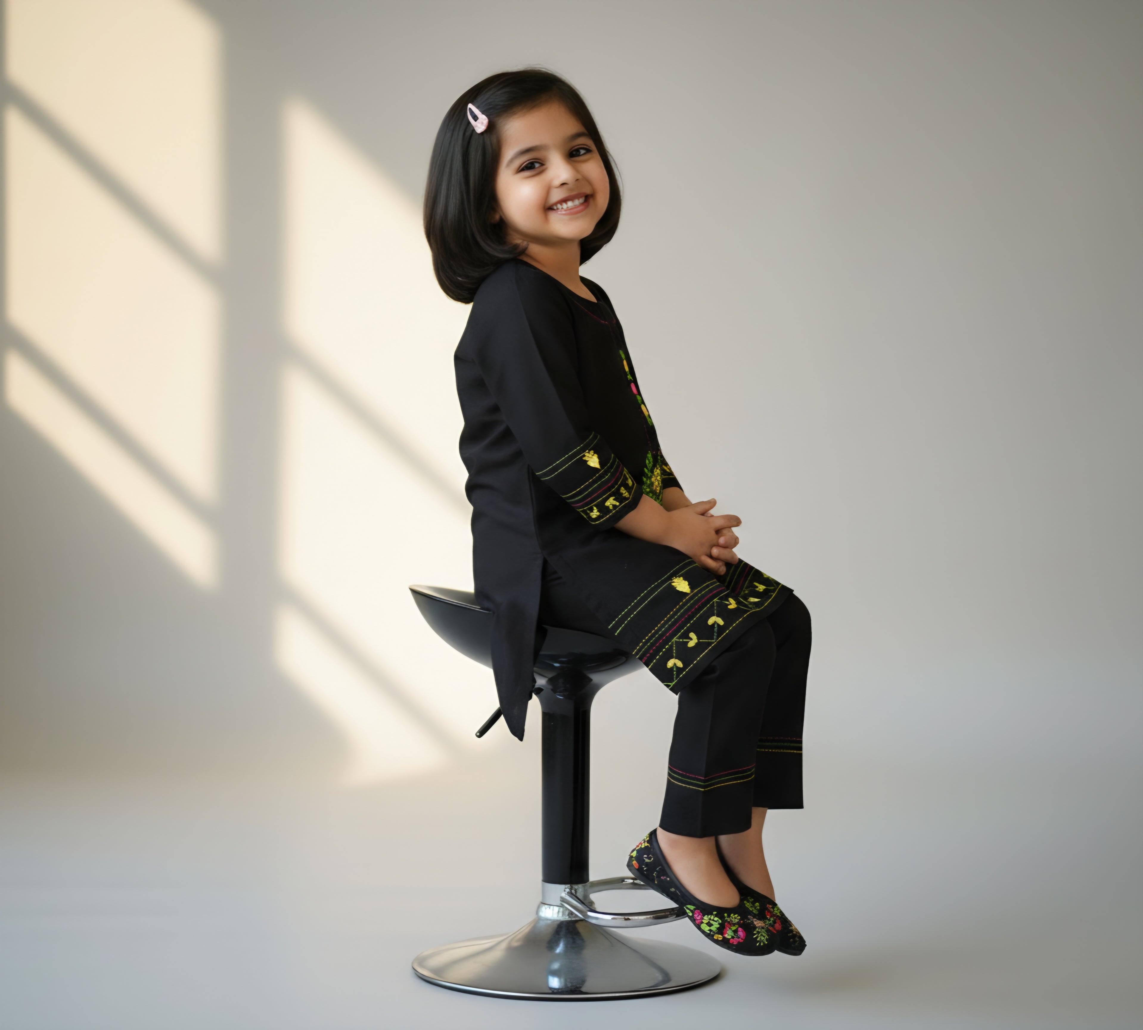 Girls Khaddar Hand Embrioded Co-ord  Set - Black