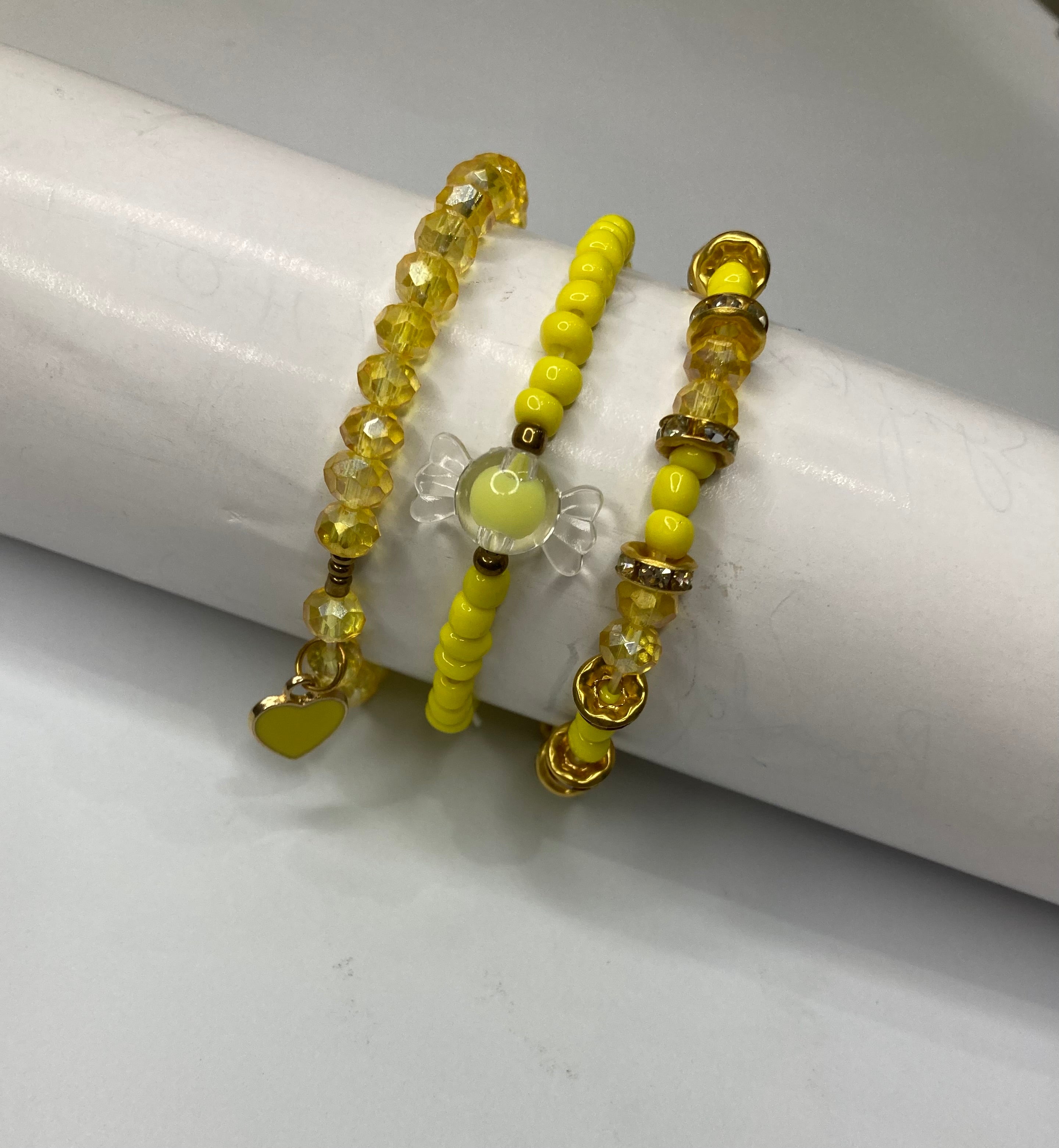 Fancy Beaded Bracelets - Set of 3 - Yellow