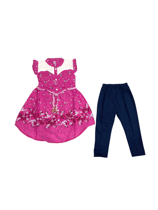 Girls Cotton Floral Print Suit 2pc- Pink