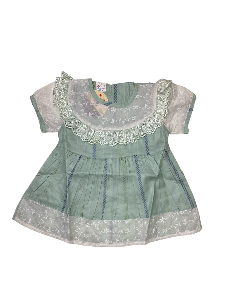 Girls Chicken Lace Work Cotton Frock Suit 2pc - MintGreen
