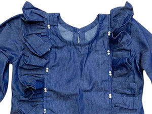 Girls Cotton Denim Pearl Beaded Top
