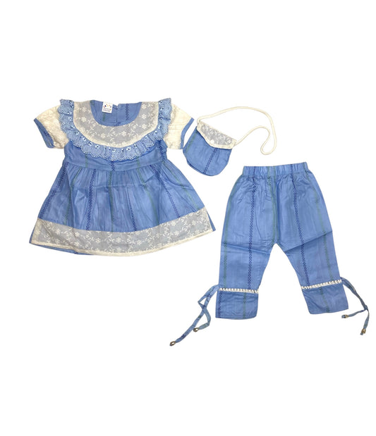 Girls Cotton Frock Suit 2pc - Skyblue