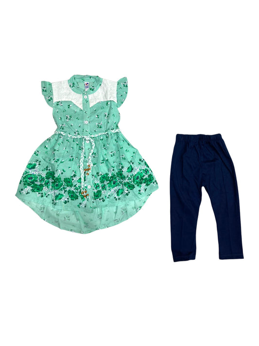 Girls Cotton Floral Print Suit 2pc- Seagreen