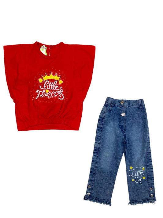 Girls Princess Top With Denim Pant - Red