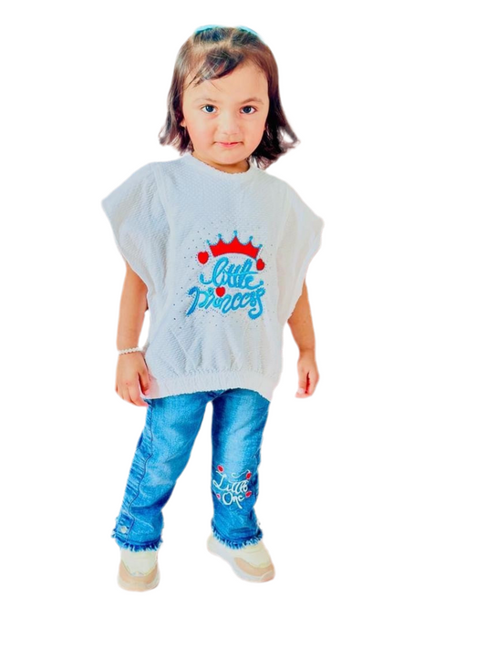 Girls Princess Top With Denim Pant - White