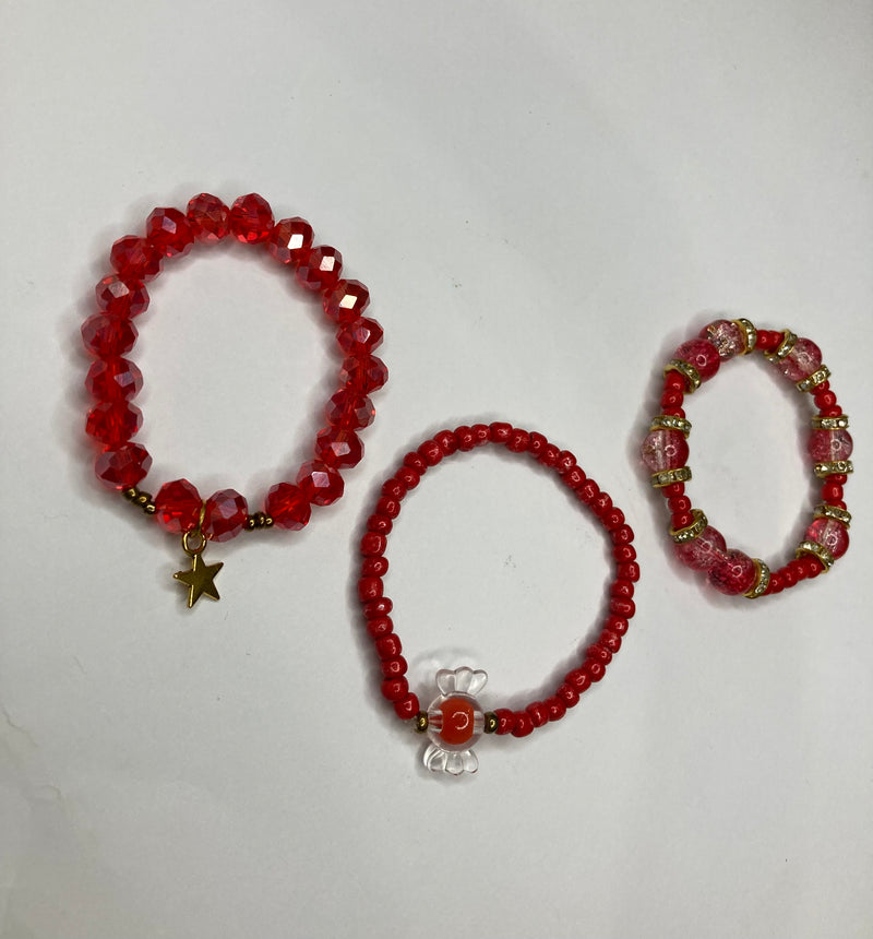 Fancy Beaded Bracelets - Set of 3 - Red