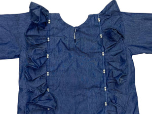 Girls Cotton Denim Pearl Beaded Top