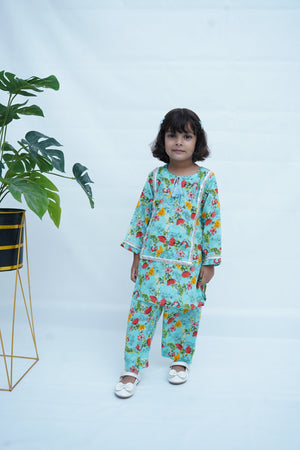 Girls Digital Print Lawn Suit 2pc - Skyblue Floral Print