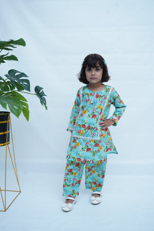 Girls Digital Print Lawn Suit 2pc - Skyblue Floral Print