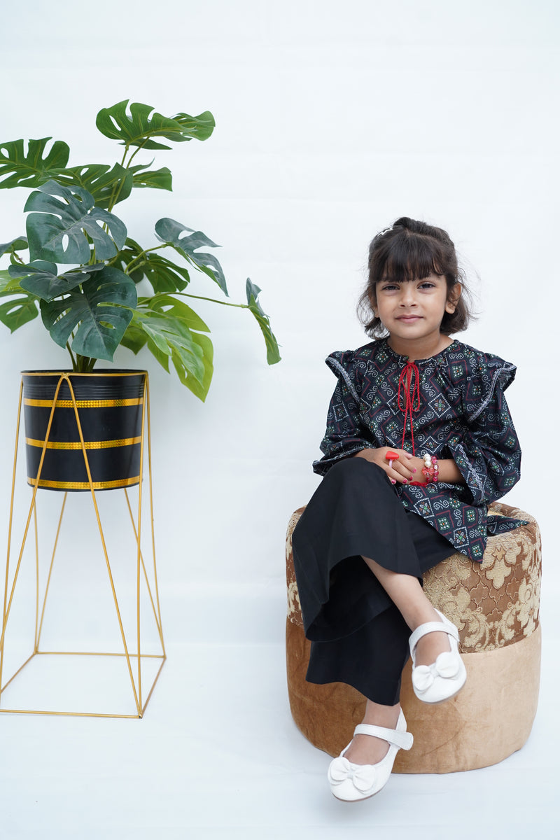 Girls Block Print Co-ord Set - Black