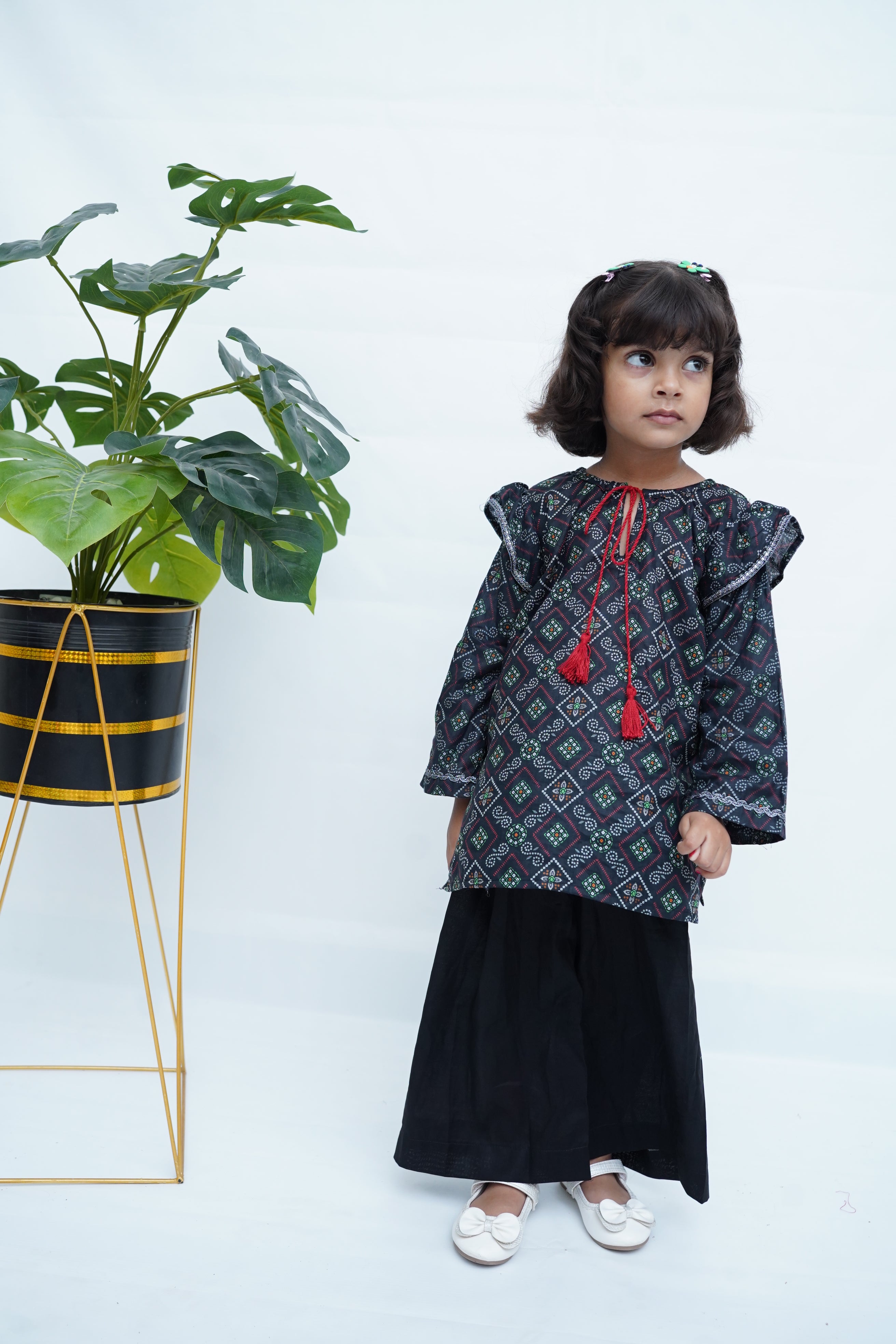 Girls Block Print Co-ord Set - Black