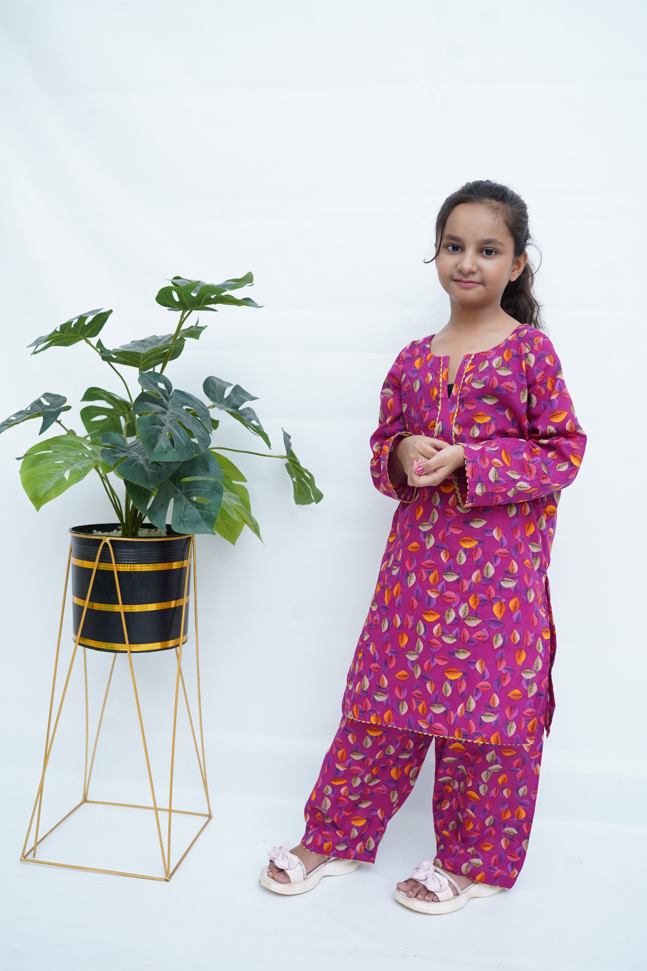 Girls Digital Print Lawn Suit 2pc - Margenta Leaf Print