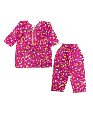Girls Digital Print Lawn Suit 2pc - Margenta Leaf Print