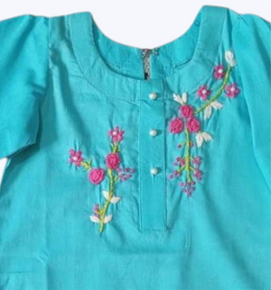 Girls Khaddar Floral Hand Embrioded Co-ord Set 2pc - Skyblue