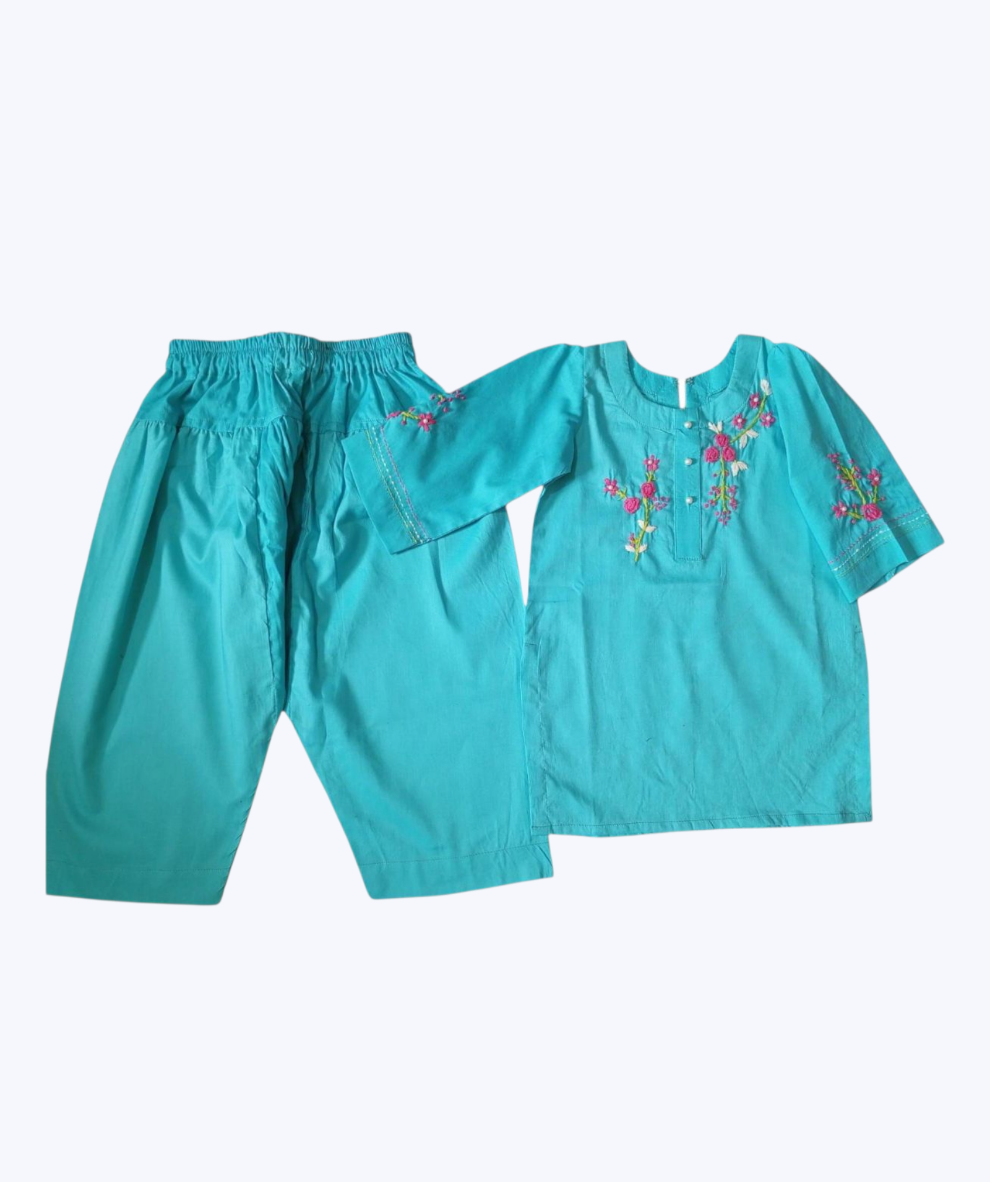 Girls Khaddar Floral Hand Embrioded Co-ord Set 2pc - Skyblue