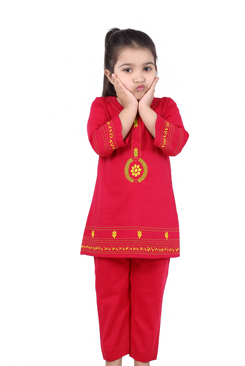 Girls Hand Embrioded Co-ord  Set - Red