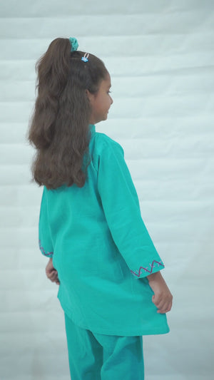 Girls Khaddar Hand Embroided Co-ord Set 2pc - Skyblue