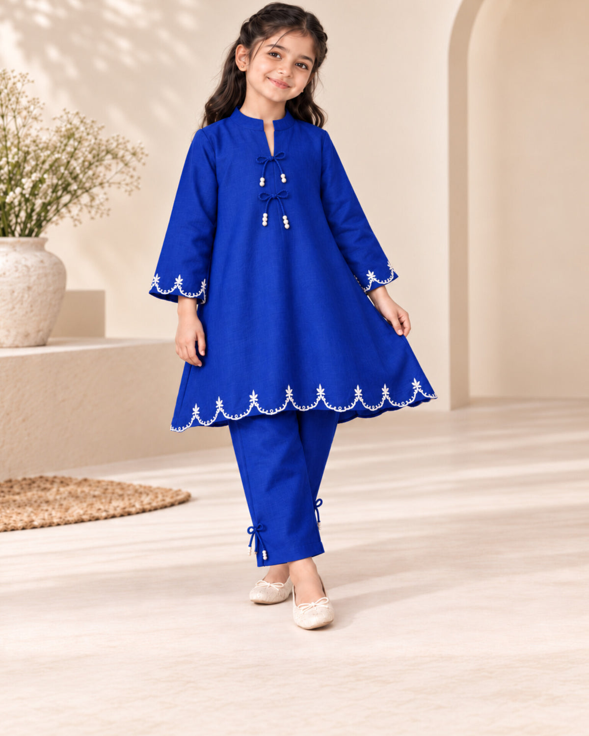 Girls Royal Blue Embroided Khaddar Co-ord Set