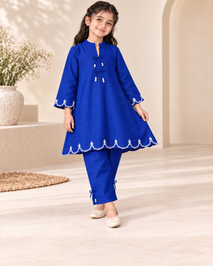 Girls Royal Blue Embroided Khaddar Co-ord Set