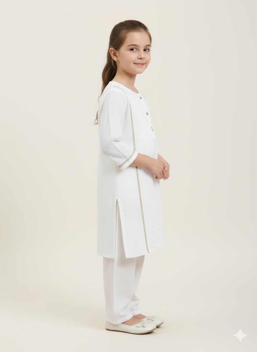 Girls Khaddar Solid Embellished Suit 2pc - White